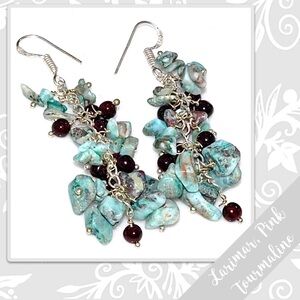 Larimar, Pink Tourmaline Eclectic Grapes-Style Silver Drop Dangle Earrings, 2.8”